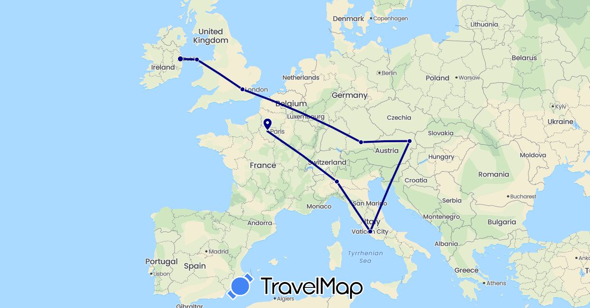 TravelMap itinerary: driving in Austria, Germany, France, United Kingdom, Ireland, Italy (Europe)
